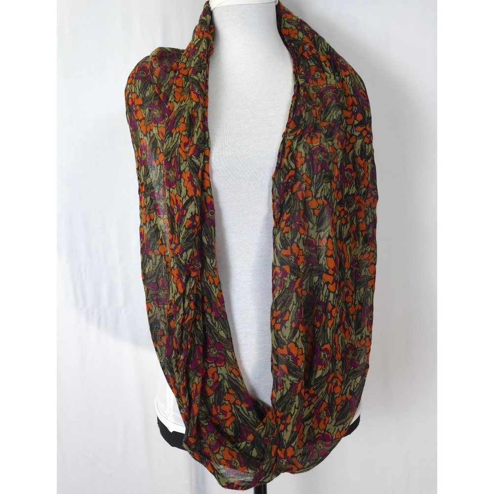 J.Jill Floral Infinity Scarf Olive Orange Boho Lightweight Loop Wrap Cottagecore